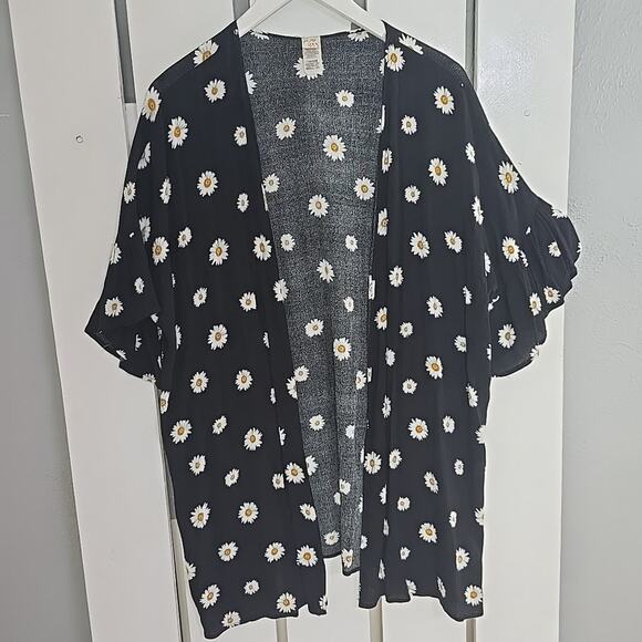 7th‎ Ray Open Front Cardigan Small Oversized Black Daisy Grunge 90s Beach Boho - Picture 1 of 7